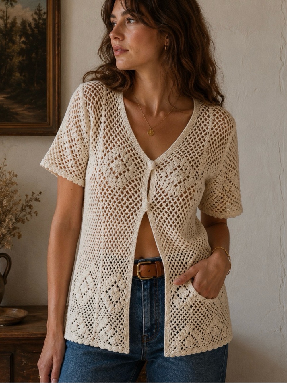 1970s Crochet Top Knit Cardigan Boho Hippie Cottagecore Fairycore Sweater Sz S